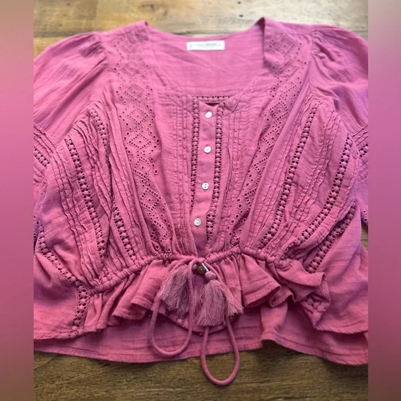 LUCKY BRAND Raspberry Pink Puff Sleeve Blouse with Tassel Tie in the Front Boho - Picture 10 of 12